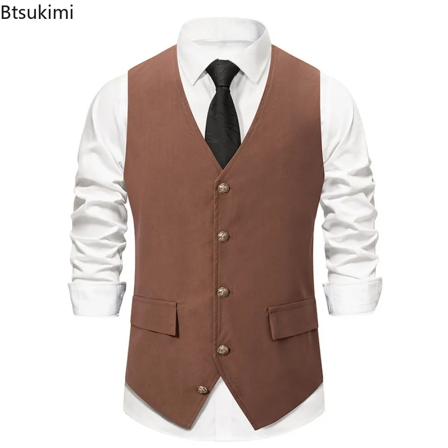 Men's Medieval Retro Suit Vest Formal Dress Vest Men Casual Solid Sleeveless V-neck Jacket Wedding Party Waistcoat
