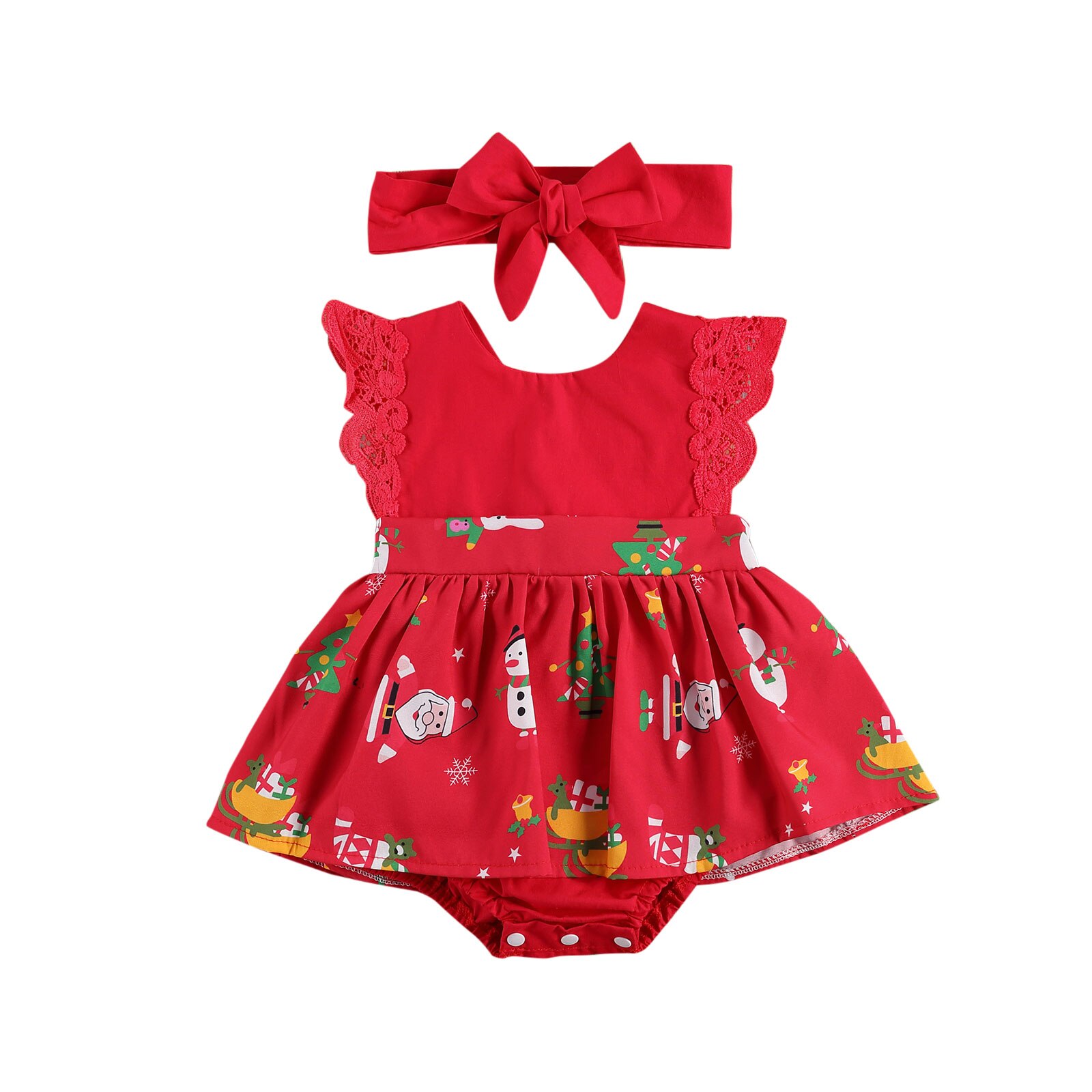Kerst Baby Baby Meisjes Jongens Romper Jurk Kanten Ruches Korte Mouwen Cartoon Print Jumpsuits Hoofdband 0-24M