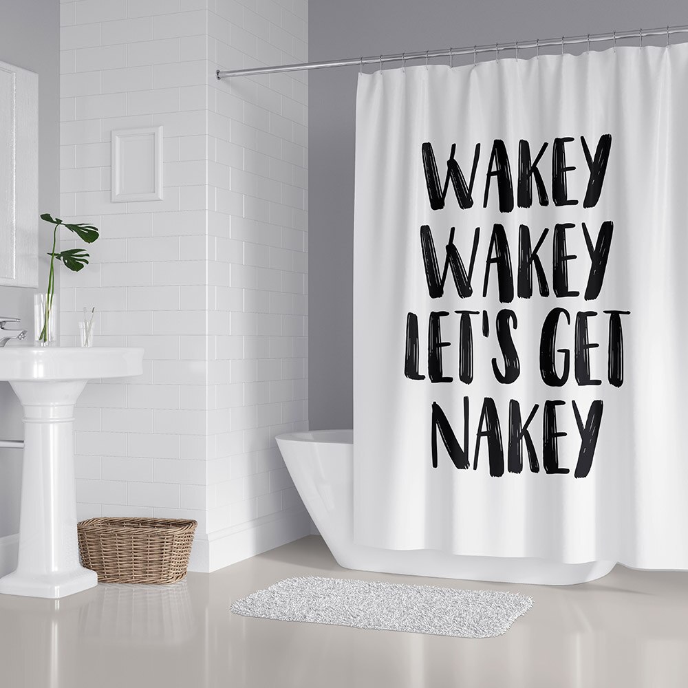 Sjovt badeværelsesmåttesæt med bruseforhæng 'wakey wakey let's get nakey' 4- delt toiletbetræk skridsikkert tæppe til badeværelsesindretning