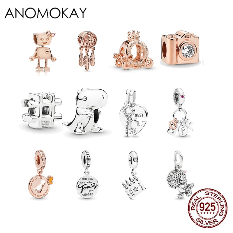 Anomokay Neue Echt 925 Silber Mix Stil Dinosaurier Herz Charme für Armband & Armreif Gold Farbe Traum Catcher Roboter Anhänger perlen