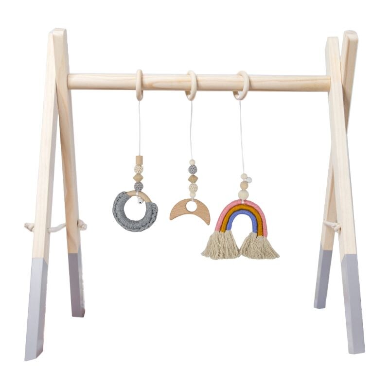 1 sæt nordisk tegneserie baby træ træ gym fitness ramme rack hængende vedhæng legetøjssæt: Grå