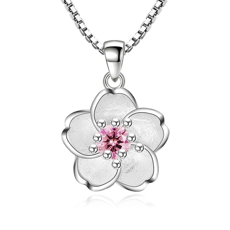 100% 925 Sterling silber glänzend kristall kirschblüzehn blume Damen'Anhänger halsketten frauen kurze Kasten kette hochzeit