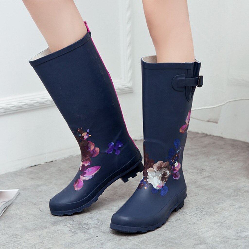 Womens Waterproof Rain Boots Full Length Floral Rubber Yard Garden Shoes Boots Midi Casual Soft Female Spring Boots