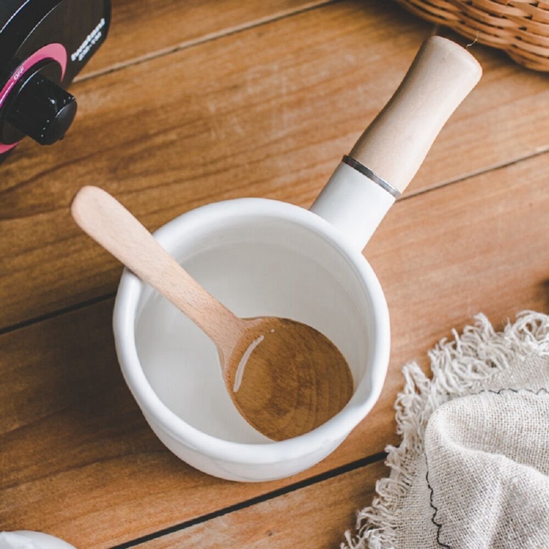 Emaille Melk Pan, Mini Boter Warmer 10cm Enamelware Steelpan Pan Kookgerei met Houten Handvat, perfecte Maat voor Verwarming Kleiner L
