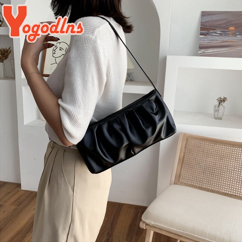 Yogodlns Summer Shoulder Bag Women Leisure PU Leather Baguette Bag Pleated Cloud Bag Female Small Handbag Phone Purse