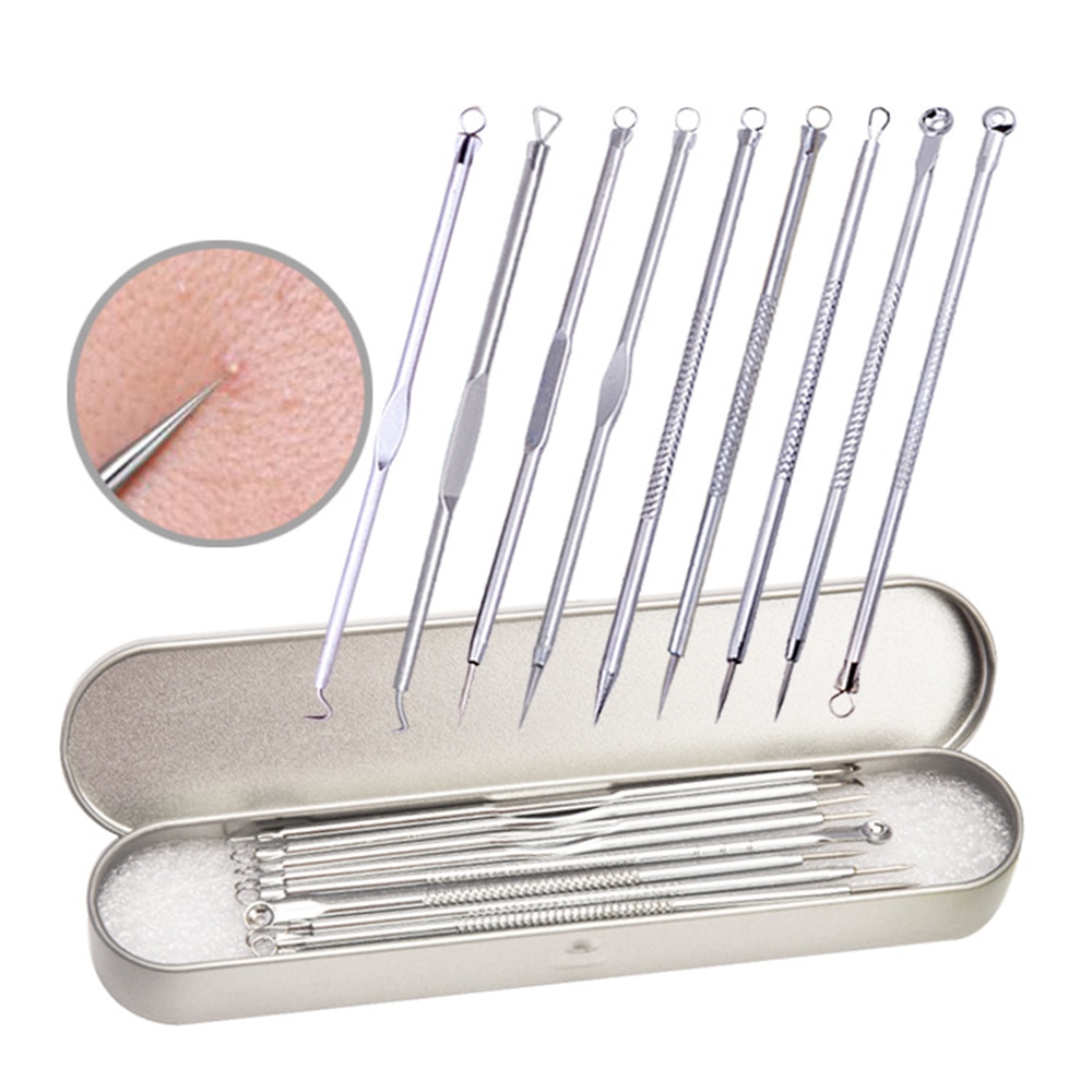 9 stuks roestvrijstalen mee-eterverwijderaar voor puistjes, acne-naaldclip, dubbele poriënverwijderaar, acne-plagende acne, pijnlijke gezichtshuid, schoonheidsset
