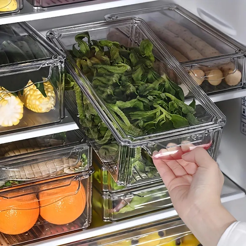 Organizador de frigorífico empilhável, caixas com tampas, recipientes transparentes para armazenamento de fruta, congelador, despensa, cozinha organizador frigorifico organizadores de gelaladeira