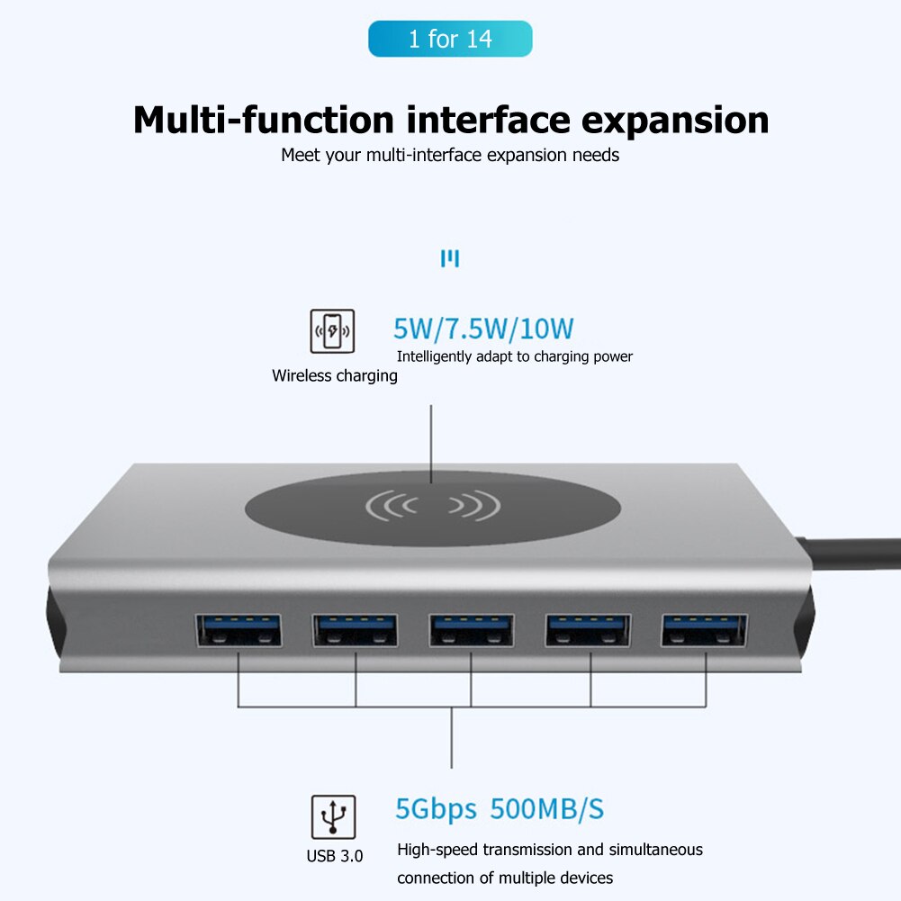 14 em 1 tipo usb c hub com hdmi rj45 vga usb hub 3.0 adaptador doca leitor de cartão sd USB-C hub tipo-c plitter para macbook pro