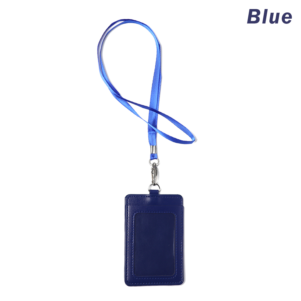 PU Leather Card Holder With Rope Lanyard double card sleeve ID Badge Case Clear Bank Credit Card Badge Holder Office Supplies: A-blue