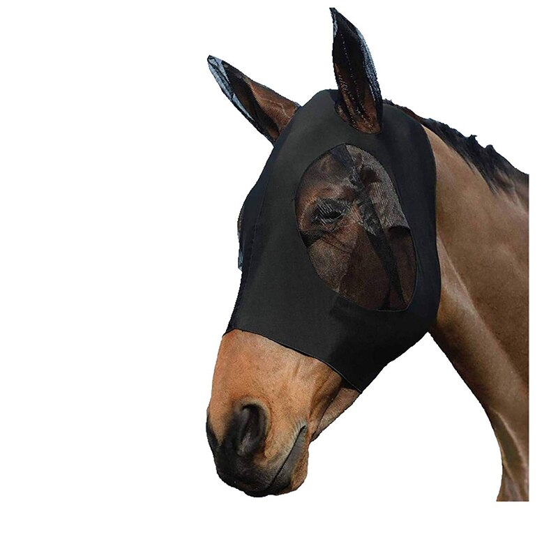 Mascarilla transpirable antimosquitos para caballos, cubierta protectora elástica para la cara, con orejas, Protectores faciales, cuidado de caballos, AA: Black