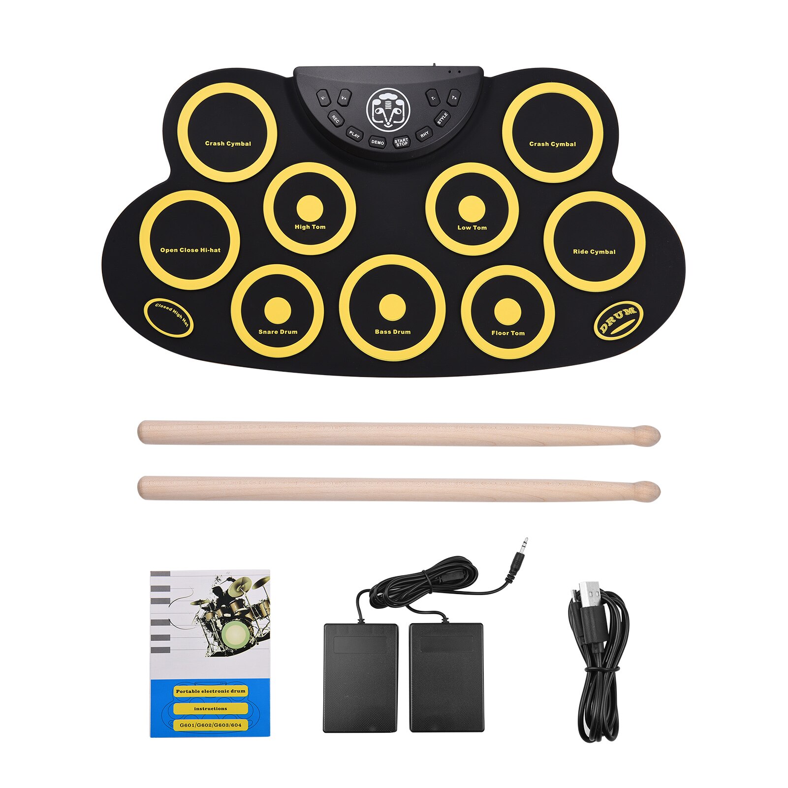 Portable Electronic Roll-up Drum Pad Silicon Digital Drum Pad Audio Output & Record Functionput with Foot Pedals Drum Sticks: G621