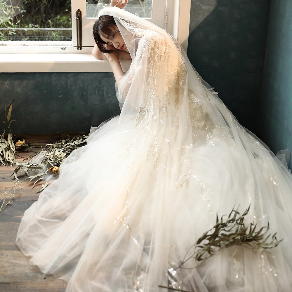Champagne 3 meters wide 4 meters long high-end yarn champagne and rice white lightning flash branches metal dazzling bride veil