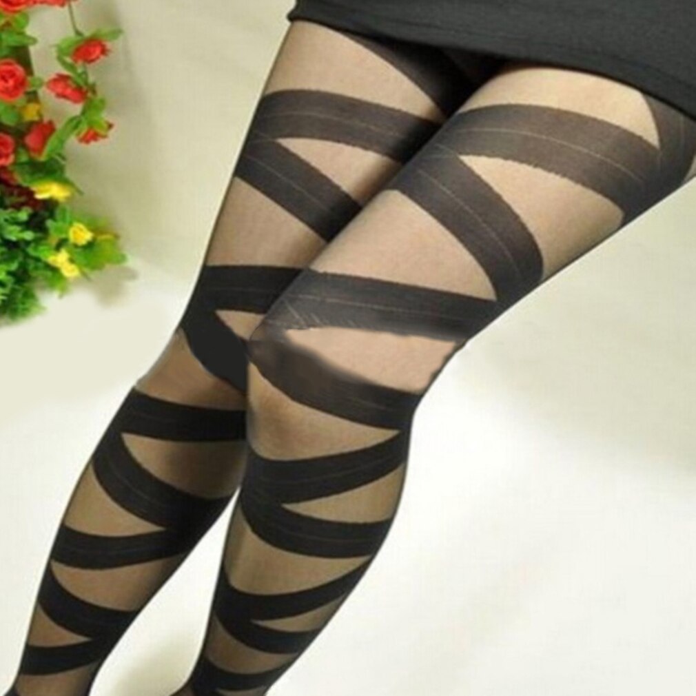 Women Sexy Skinny Stockings Breathable Vertical Stripe Transparent Cross Bandage Pantyhose Stockings