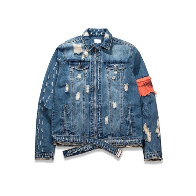 SEVEYFAN Hi Street Bergamot Embroidery Denim Jackets Men&#39;s Broken Hole Jean Coat Streetwear: L