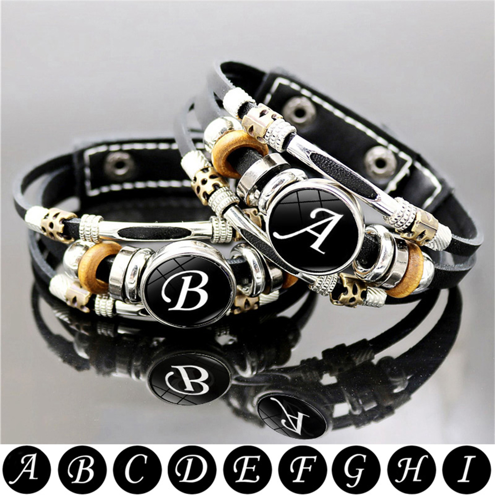 Retro A-Z Initial Alphabet Bracelet Adjustable Leather Double Side Hand Made Rope Bangles for Men Boy Jewelry