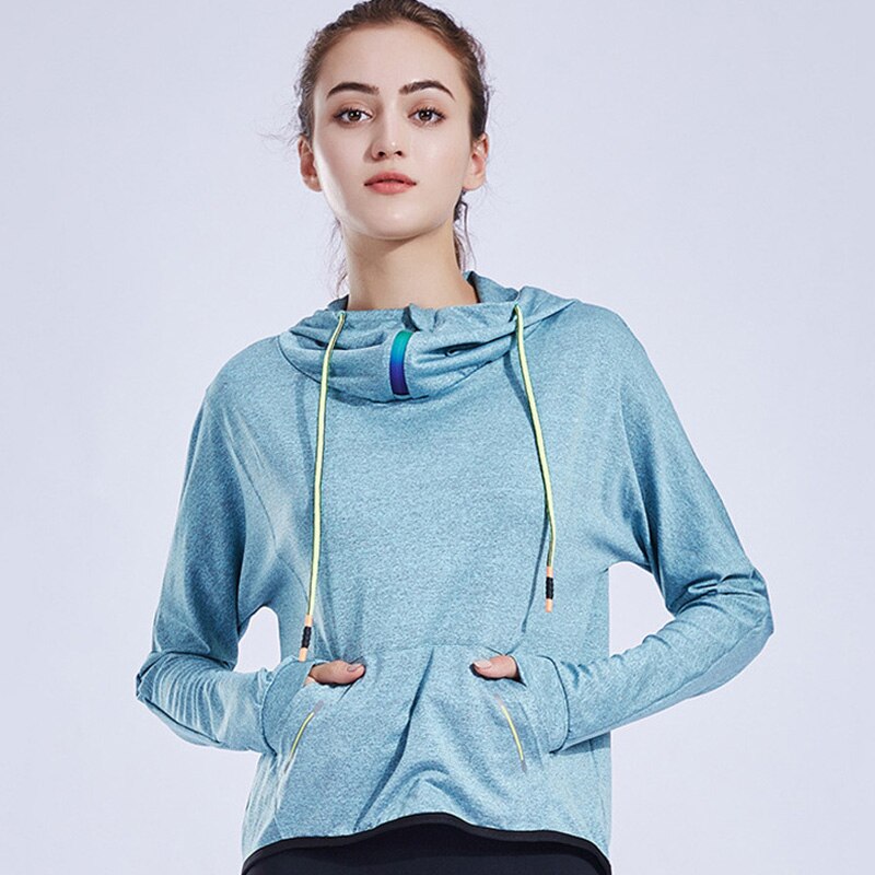 Løs afslappet langærmet hættetrøje vindtæt sports t-shirts toppe lynlås snøre bluse dame jogger træningstøj: M / Blå