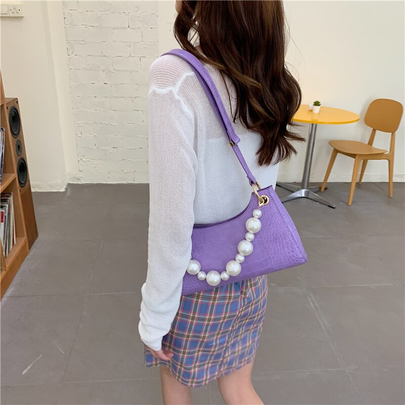 Crossbodytassen van pu-leer met krokodillenmotief voor dames, handtassen met parelmoeren handvat, mini-schoudertas met ketting en messengertas.