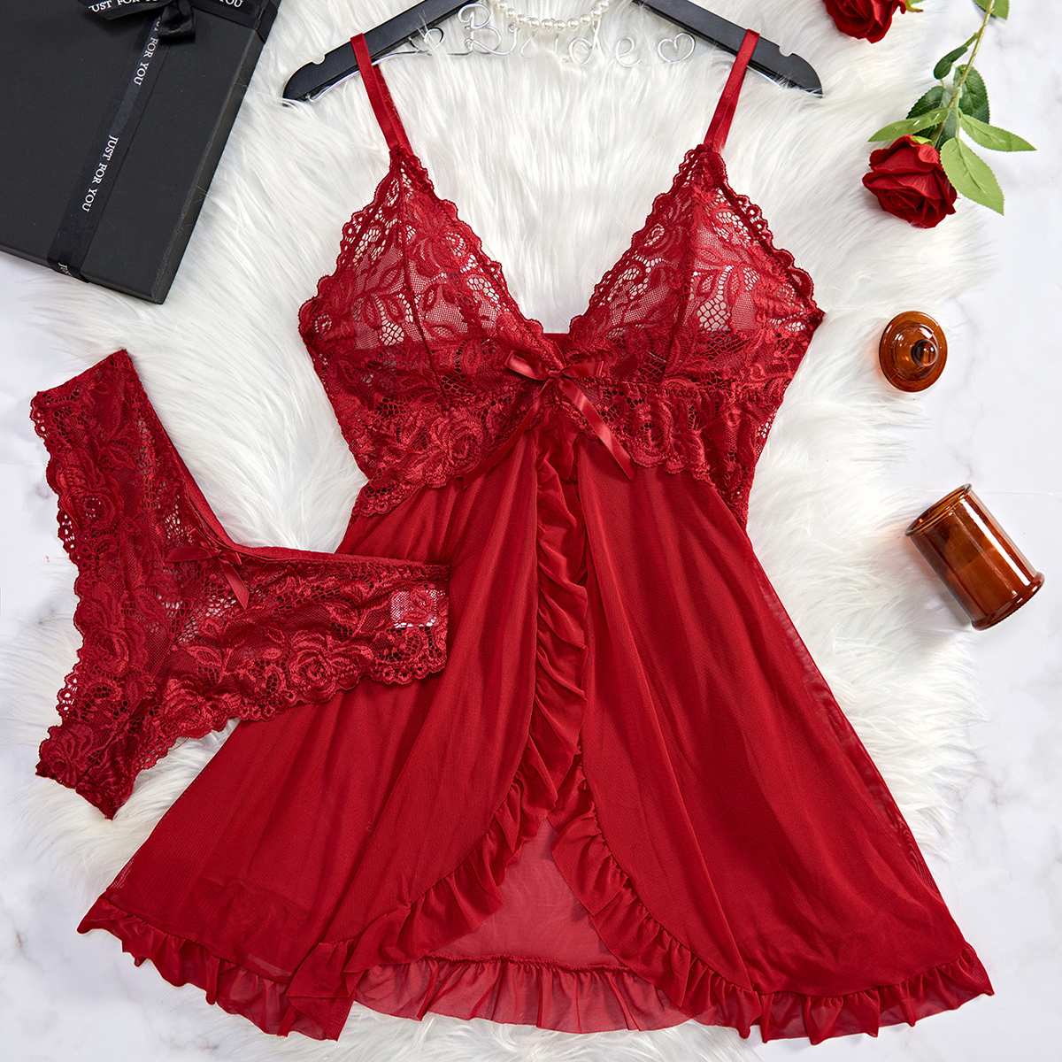 Lencería Sexy roja transparente, ropa interior para mujer, ropa de dormir transparente, camisón de encaje y bragas, conjuntos de Pijamas, camisón Sexy para mujer: L / Negro