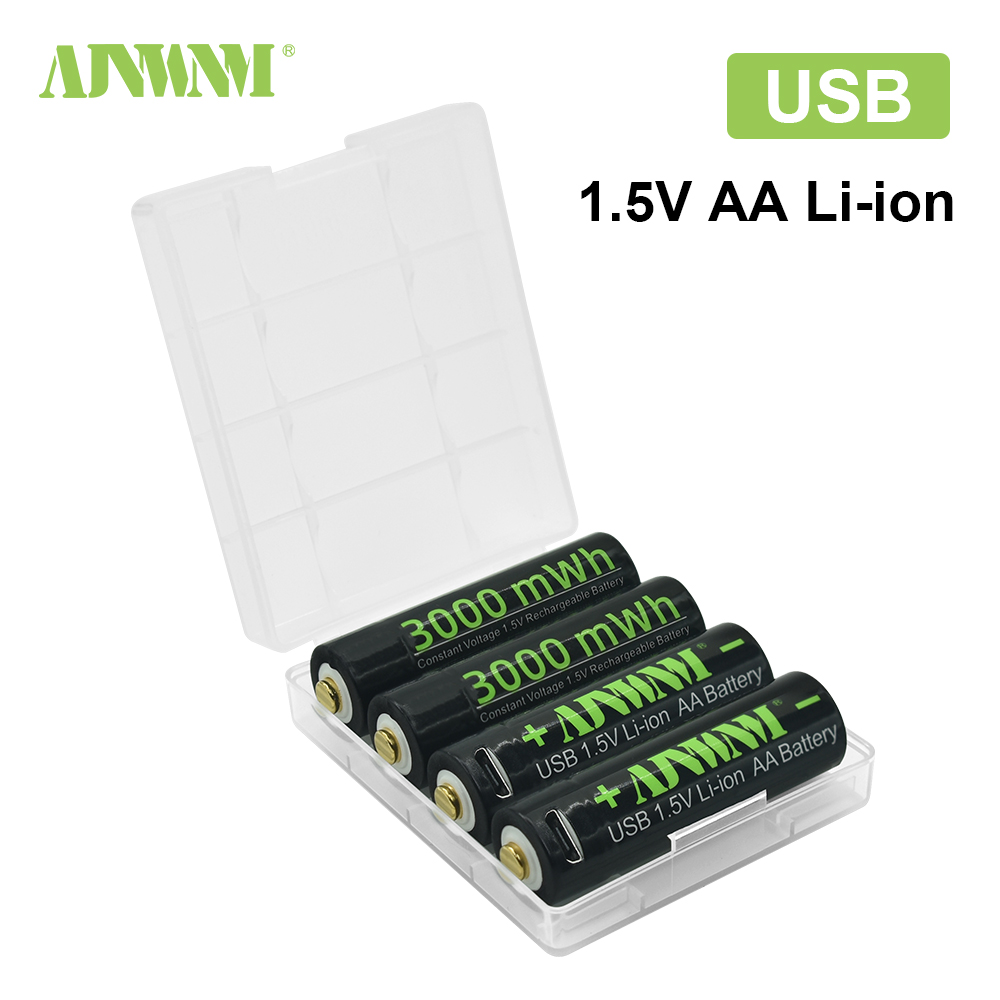 Ajnwnm 1.5v aa usb genopladeligt li-ion batteri 3000 mwh batterier aa til fjernbetjening trådløs mus + usb kabel