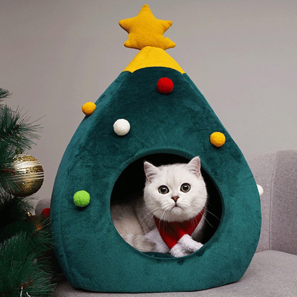 Kerstmis Kat Bed Self Warming Voor Indoor Kat Huis Met Matras Puppy Kooi Lounger Groen Leuke Huisdier Huis