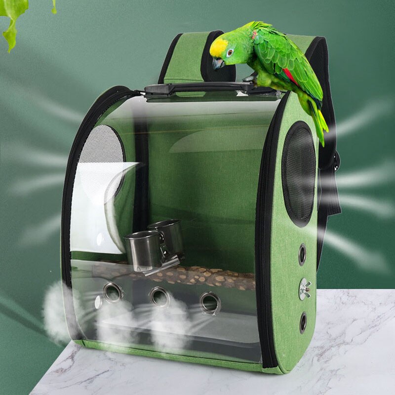 Mochila transpirable para pajaros y loros, bolsa ligera de viaje al aire libre para mascotas, soporte de cinturón lateral duro con taza de comida y pájaros