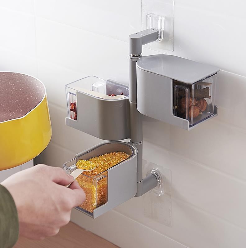 Wall Mount Rotating Cruet Condiment Seasoning Jars Punch-Free Spices Pepper Salt Shakers Holder Kitchen Storage Rack Organizer