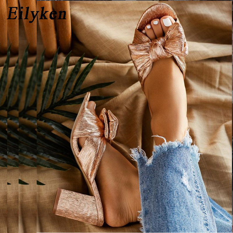 Eilyken sommer kvinner høye hæler muldyr tøfler kvinnelige peep toe stiletthæler tøfler gyldne sko pluss størrelse 35-42