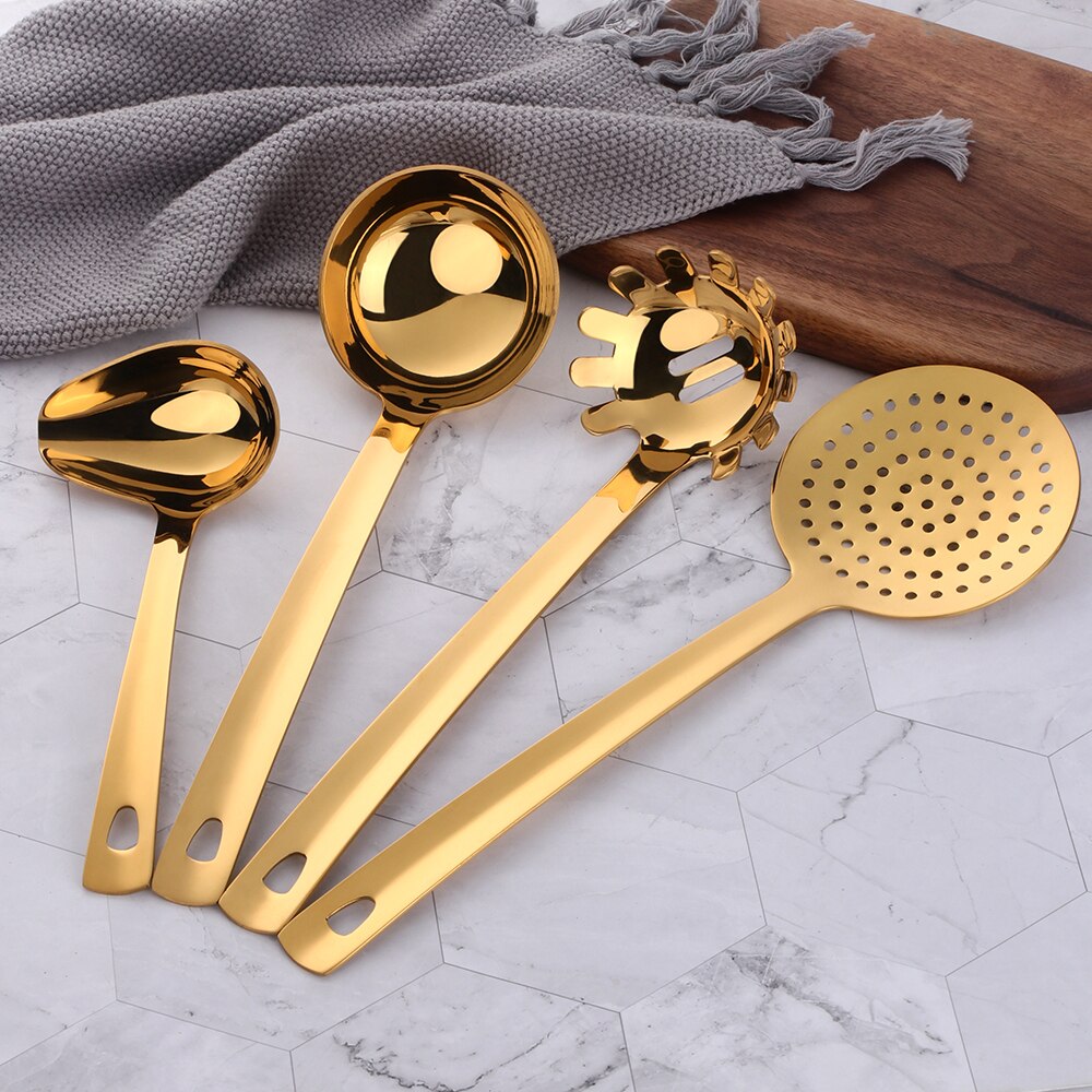 Gold Cooking Tools Set Stainless steel Soup Ladle Spatula Metal kitchenware Colander Rice Spoon Cake Shovel cookware