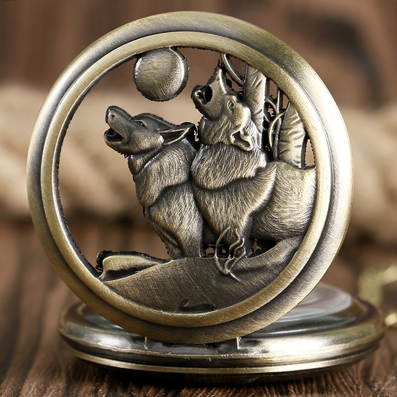 Cool Howling Wolf Hound Dog Bronze Copper Retro Women Men Quartz Pocket Watch Pendant Necklace Chain Relogio De Bolso