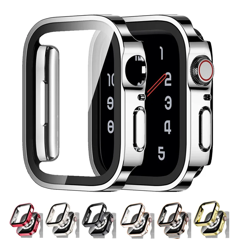 Glas + wasserdichtes Gehäbenutzen für Apfel Uhr 7, 8, 9, 45 mm, 41 mm, Displayschutzfolie, harter PC-Stoßfänger für iWatch Serie 6, 5, 4 SE 40 mm, 44 mm Abdeckung