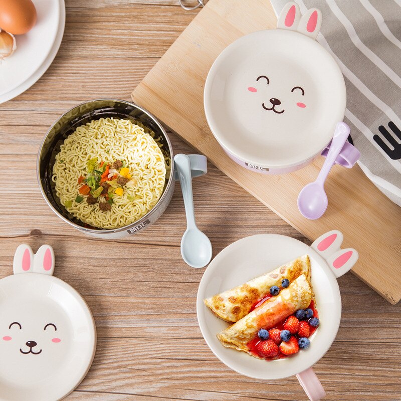 Stainless Steel Double Layer with Lid and Spoon Bowl Set Noodle Bowl Instant Noodle Bowl Anti-scalding Cute Rabbit Cutlery Set