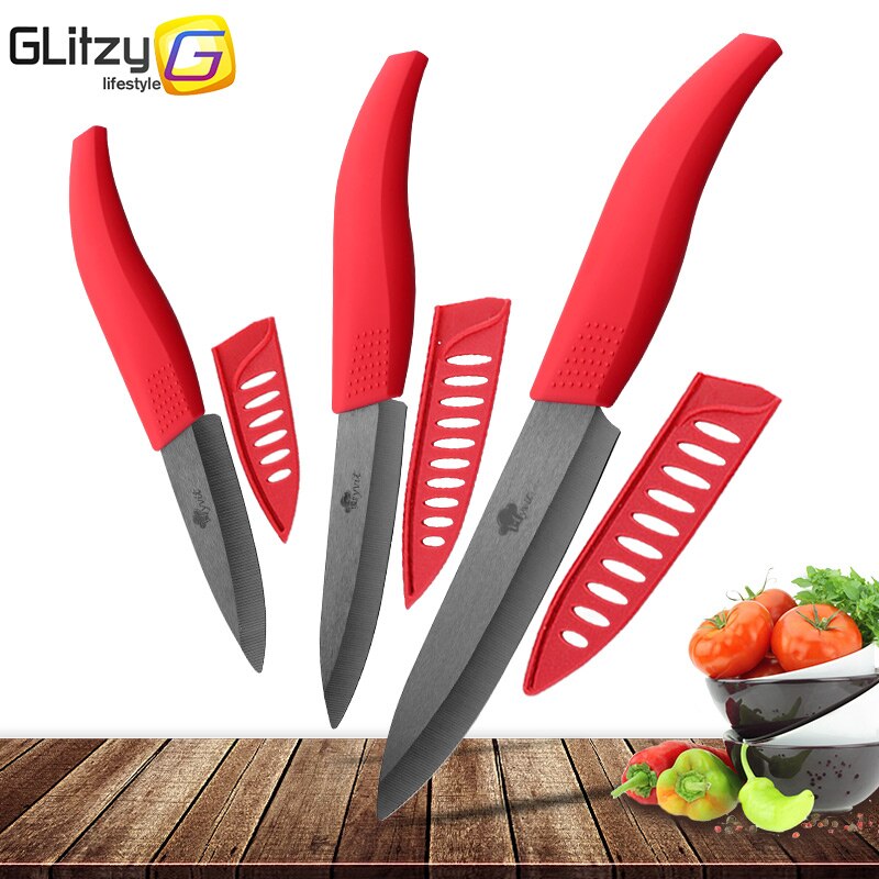Ceramic Knife 3 4 5 inch Set Zirconia Black Blade Kitchen Chef Knives Three Piece Set Fruit Vegetable Color Anti-Slip Handle: 345 inch Red