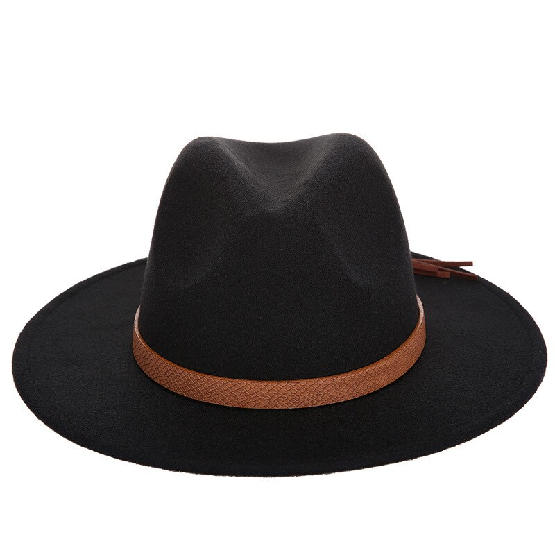 Autumn and winter retro fedora men's and women's universal solid color snake leather belt classic church hats bowler jazz man: Black / 59-61CM