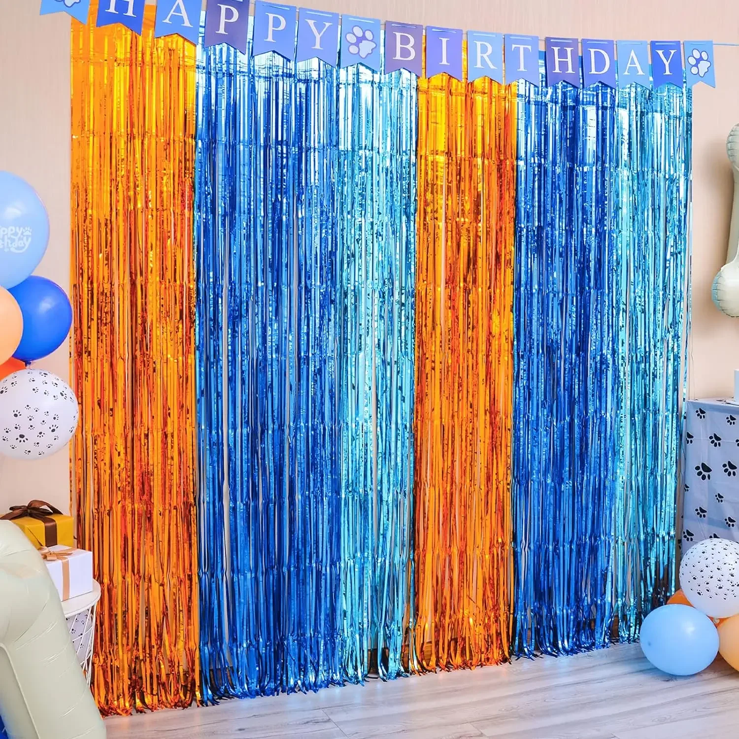 Cortinas con flecos de aluminio para perro, suministros para de cumpleaños, telón de fondo para tema de sirena bajo el mar, decoración de de revelación de género, color naranja y azul