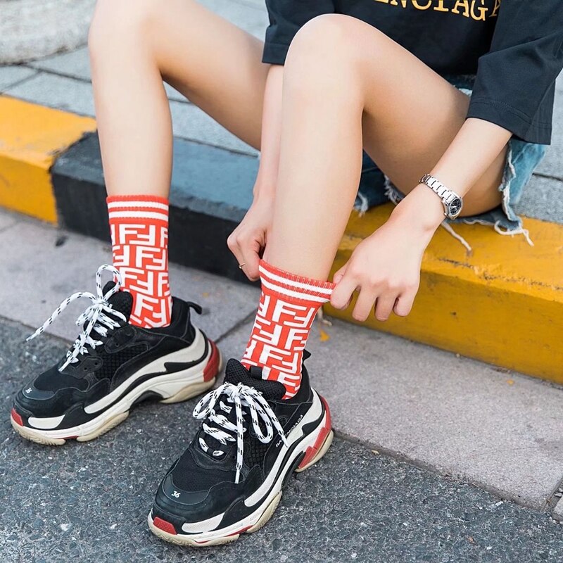 Women F Pattern Cotton Ins Crew Socks Street Style Sport Dress Sox