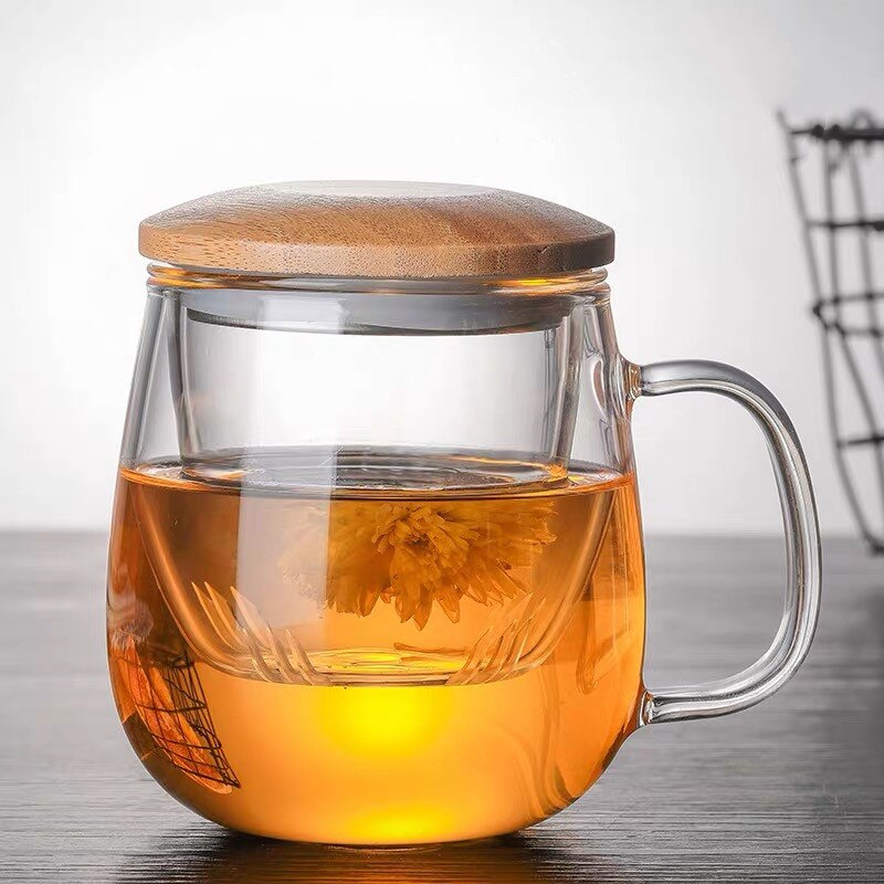 Glass Tea Infuser Cup With Transparent Filter Handle Bamboo Lid Heat-resistant Flower Teacup Office Tea Mug Drinkware: 420mlTransparent