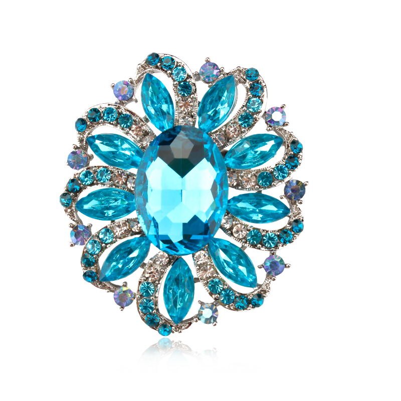 Fabriek Directe Verkoop Klassieke Kristallen Steentjes en Grote Ovale Acryl Bloem Broche Pins voor Vrouwen in Diverse Kleuren: lt blue silver