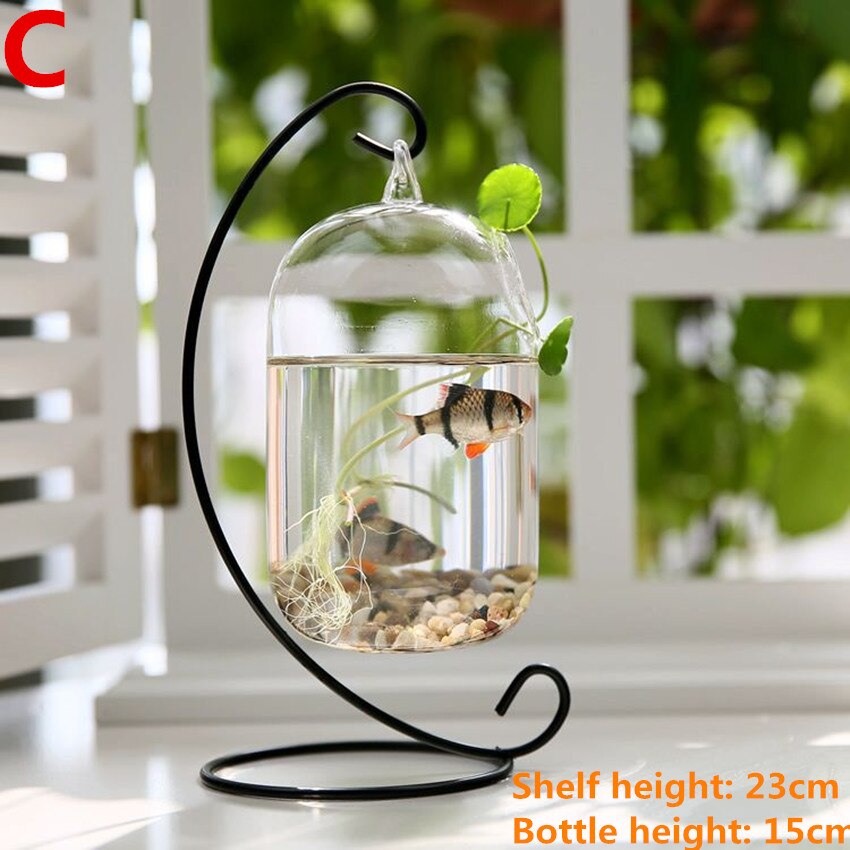 Mini Desktop Fish Tank Ornament Hanging Display Rack Aquarium Plant Pot With Metal Stand Home Decor Garden Supplies: C  mode