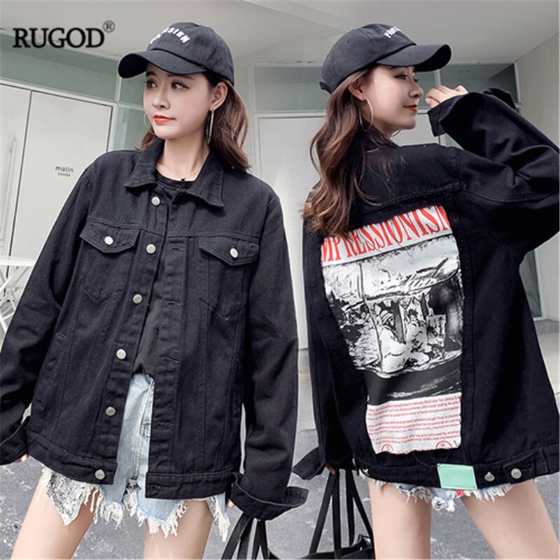 RUGOD Autumn Women Black Denim Jacket Back Abstract Pattern And Letter Print Loose Slim Coat High Street Casual