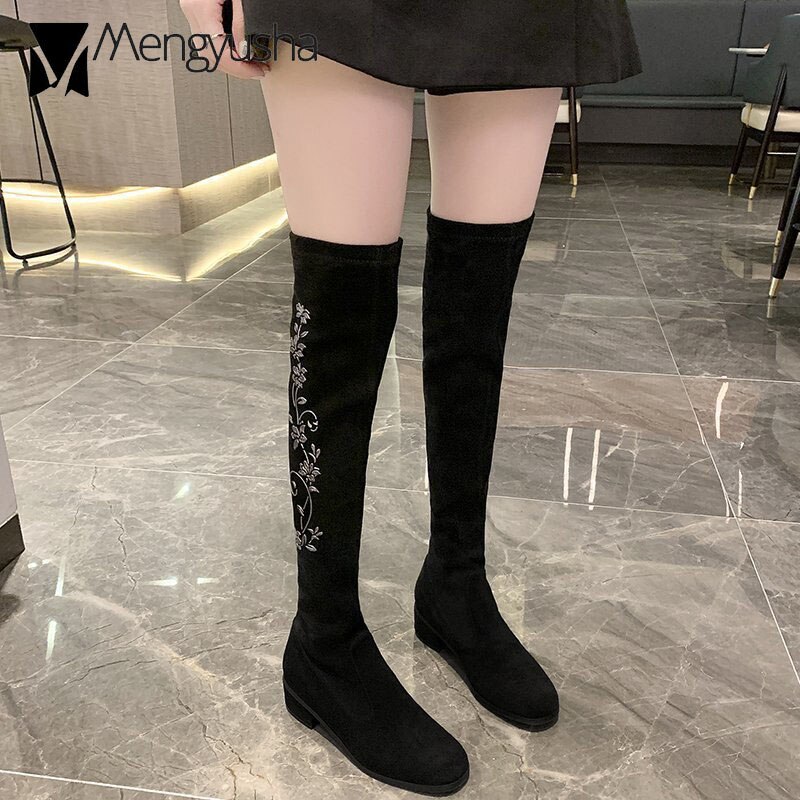 Botas altas hasta el muslo con bordado de flores para mujer, botines cómodos por encima de la rodilla, de tacón grueso, calcetín largo y delgado