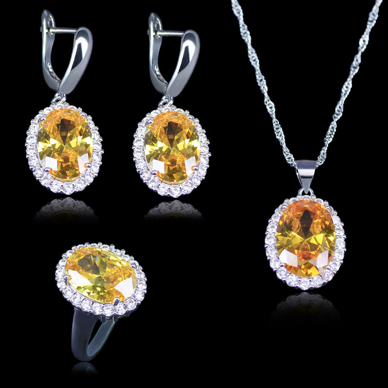 Drie Stuk Zirconia Ketting Oorbellen Ring Set Mode Zilveren Kleur Grote Ovale Fonkelende Geel Sieraden Sets