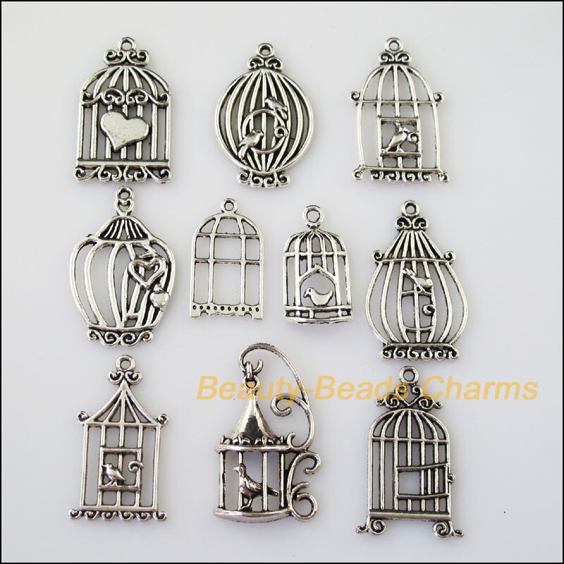 10Pcs Anticato Argento di Colore FAI DA TE/Uccelli Gabbia Misto Pendenti e Ciondoli Pendenti con gemme e perle