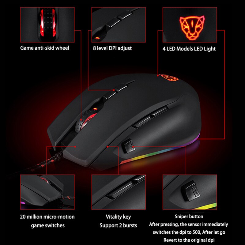 Motospeed V80 RGB Profissional 5000 DPI Gaming Gamer Mouse USB Computer Wired Optical Mice Backlit Breathing LED for PC Laptop