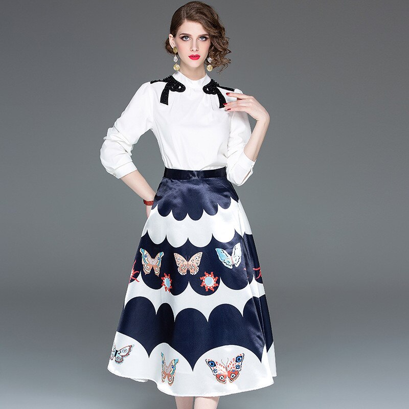 Conjunto de ropa de primavera y otoño para mujer, ropa de con lazos y bordado de cuentas, blusa y faldas largas estampadas, NS966
