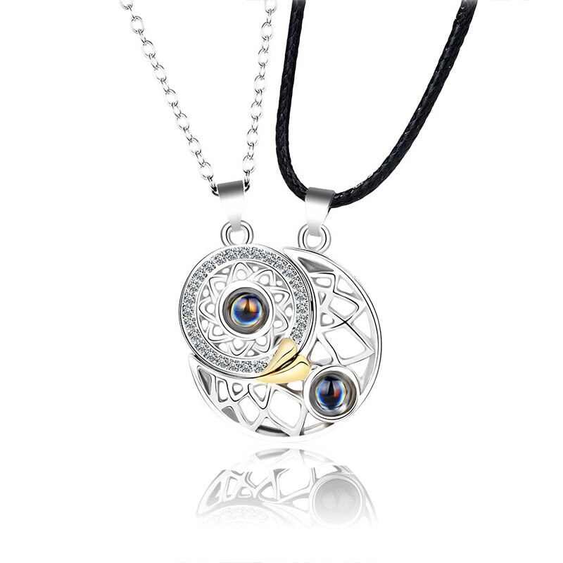 Trendy 2 Pcs/Set I Love You Projection Magnet Couple Pendants Necklace Choker Sun Moon Hearts Chain Lover Women Jewelry Collar: Sun Moon 1