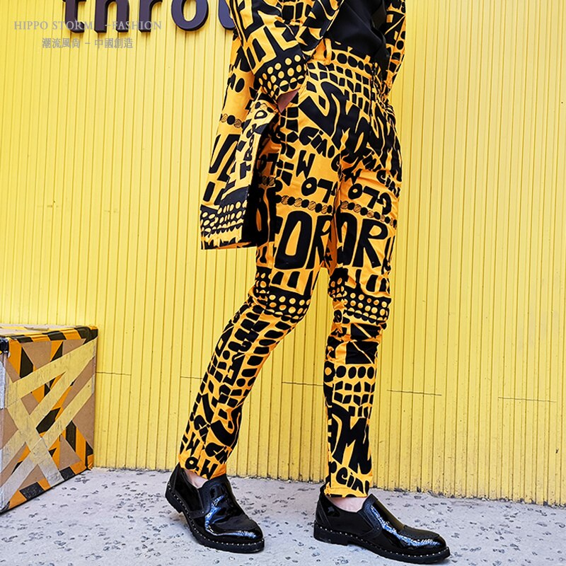 Hommes jaune lettre imprimé Floral costume pantalon Hip Hop discothèque scène chanteur DJ mâle pantalons décontractés chanteur scène