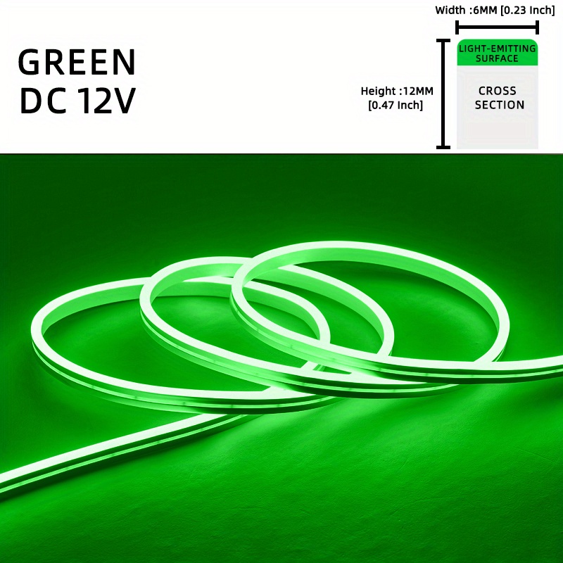 1 Roll 12V 196.85in/5M LED Flexible Silicone Neon Light, Outdoor LED Strip Lights Waterproof, 2835 12-bead Neon Light, 12V 6*12: green