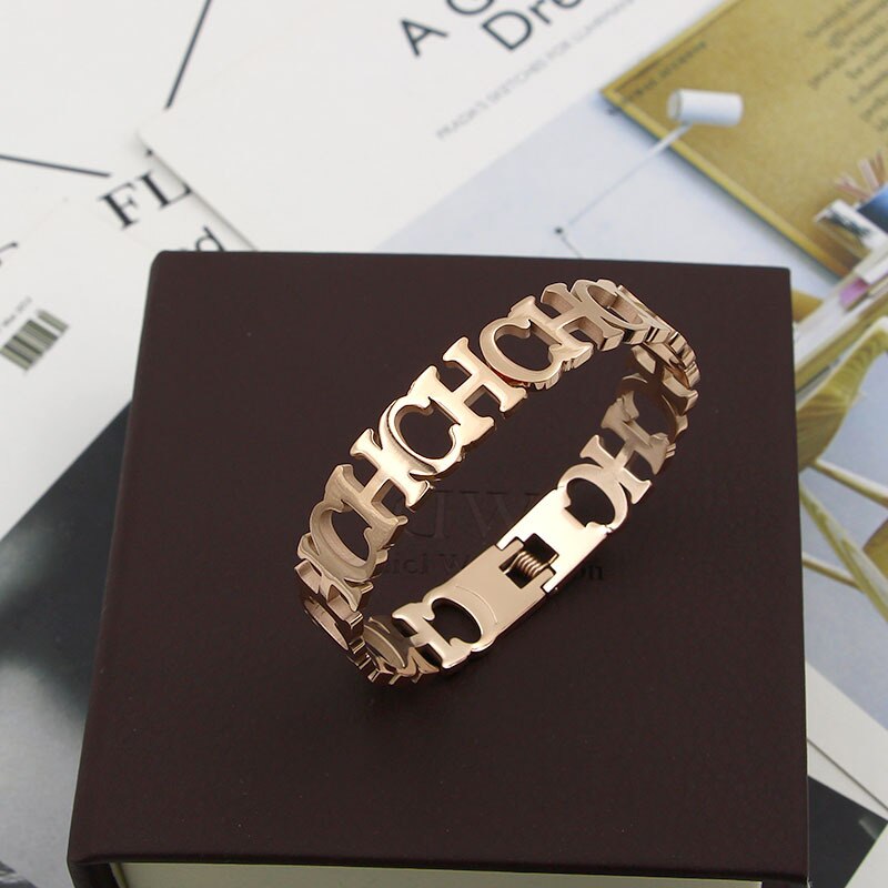 316L Stainless Steel Gold Color Bangle Hollow CH Letter Spring Open Bangle Bracelet For Women Jewelry