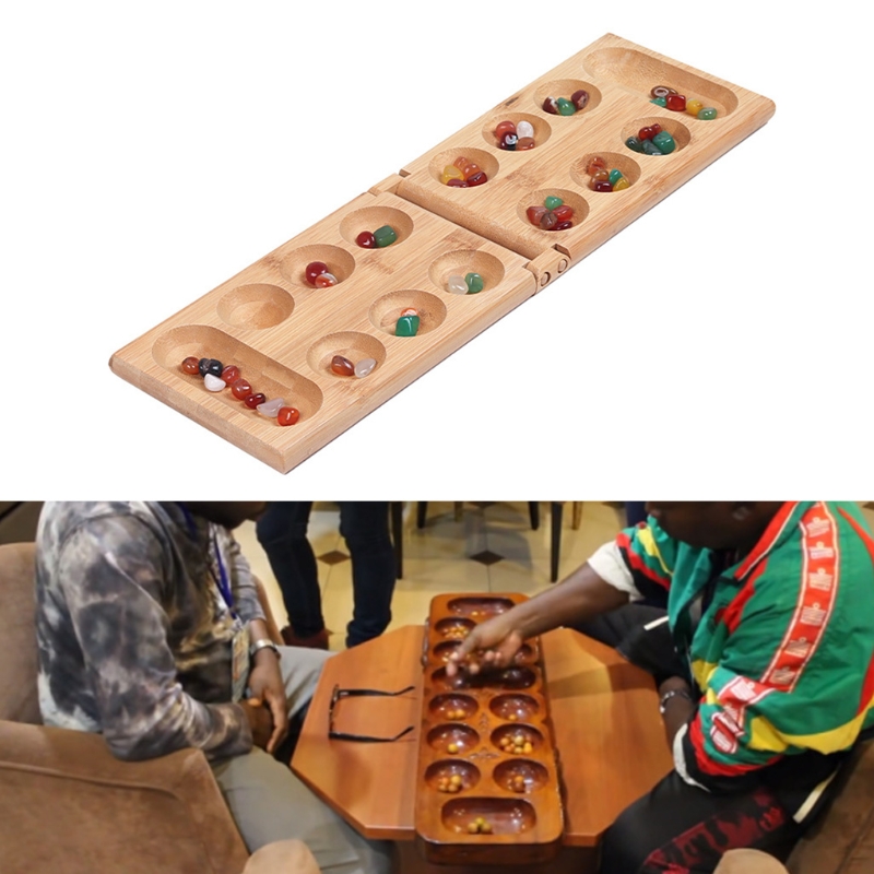 Mancala Board Game Met Kleurrijke Stenen Kiezels Vouwen Houten Board Schaakspel 77HD