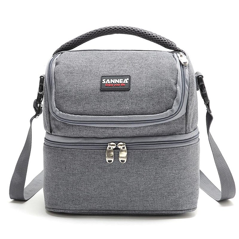 Double-Deck Insulated Lunch Bag Women Thermal Large Capacity Cooler Bag Portable Lunch Tote Food Bag: Grey